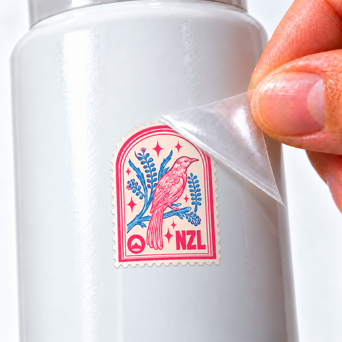 Selos de Viagem — NZL — sticker UV DTF individual com verniz — detalhe de aplicação