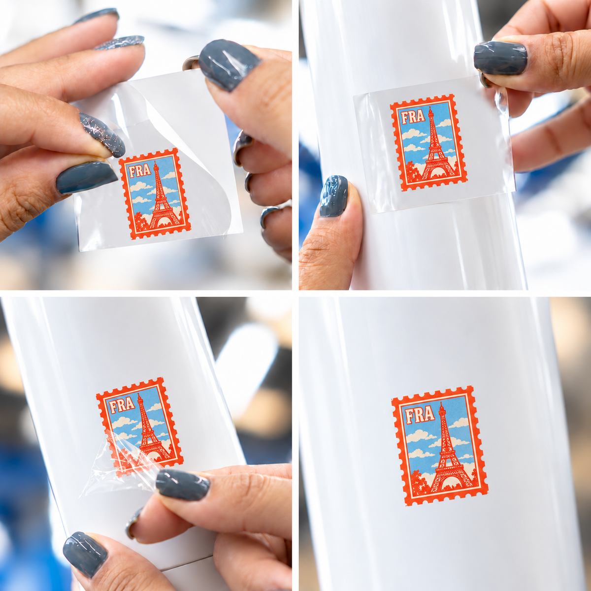 Selos de Viagem — FRA — sticker UV DTF individual com verniz — passo a passo ilustrativo de aplicação