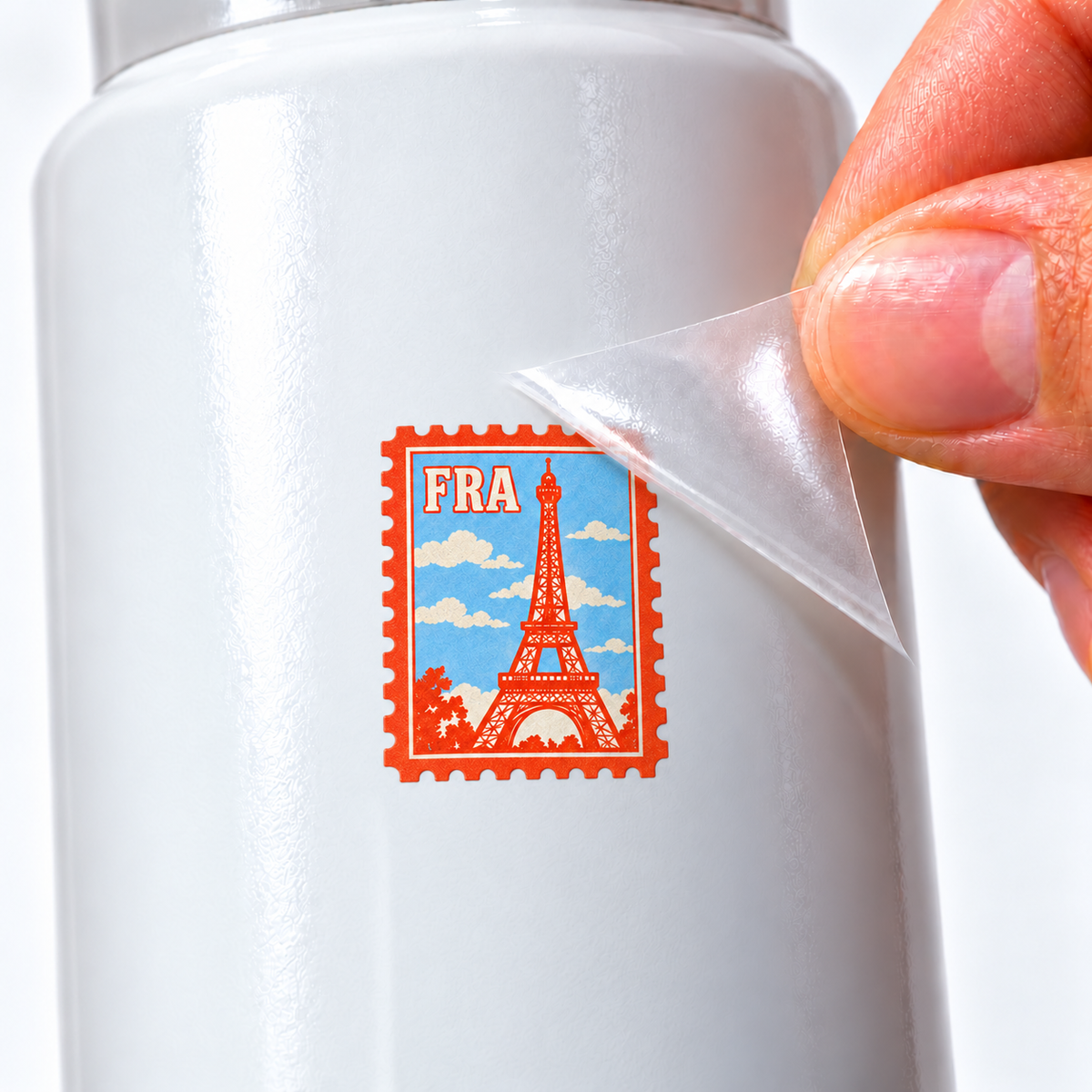 Selos de Viagem — FRA — sticker UV DTF individual com verniz — detalhe de aplicação