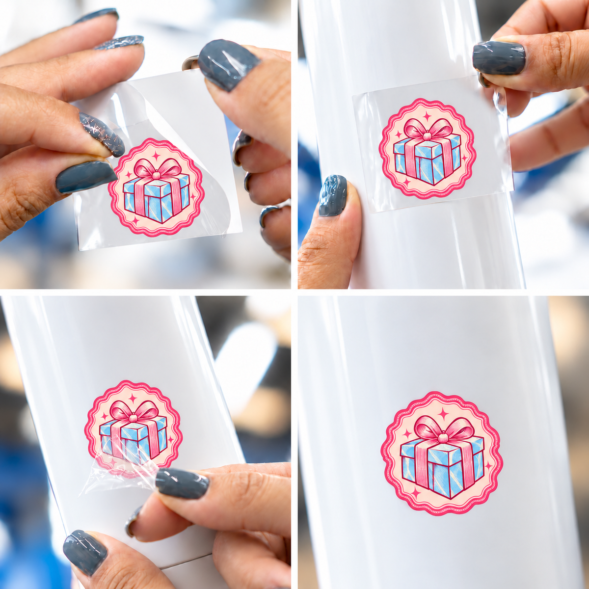 Selos de Viagem — Presente — sticker UV DTF individual com verniz — passo a passo ilustrativo de aplicação