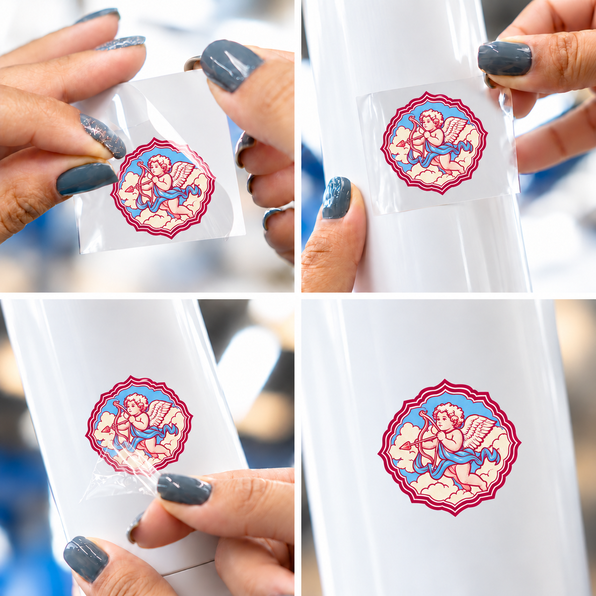 Selos de Viagem — Querubim — sticker UV DTF individual com verniz — passo a passo ilustrativo de aplicação
