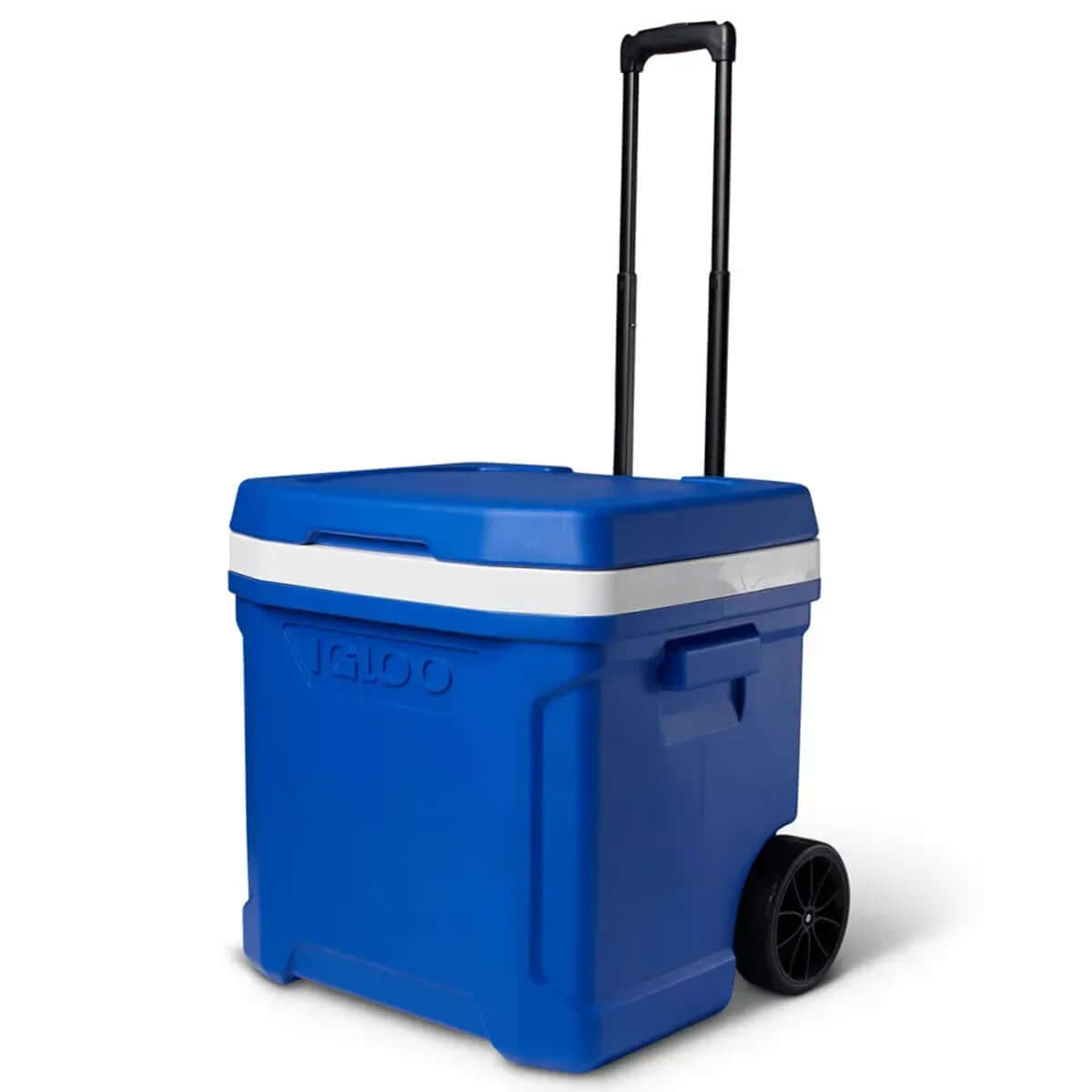 Caixa Térmica 56L Latitude com Rodas - Igloo em azul com alça retrátil, ideal para uso em acampamentos e festas ao ar livre.
