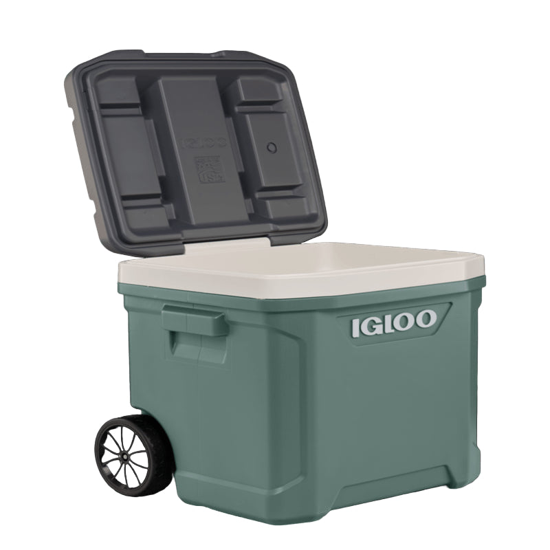Caixa Térmica 56L Latitude com Rodas - Igloo com tampa aberta e rodas para fácil transporte, ideal para camping e viagens.