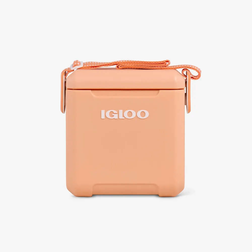 Cooler Térmico Igloo 10L laranja com alça ajustável em fundo branco. Ideal para momentos relaxantes e dias de ação.