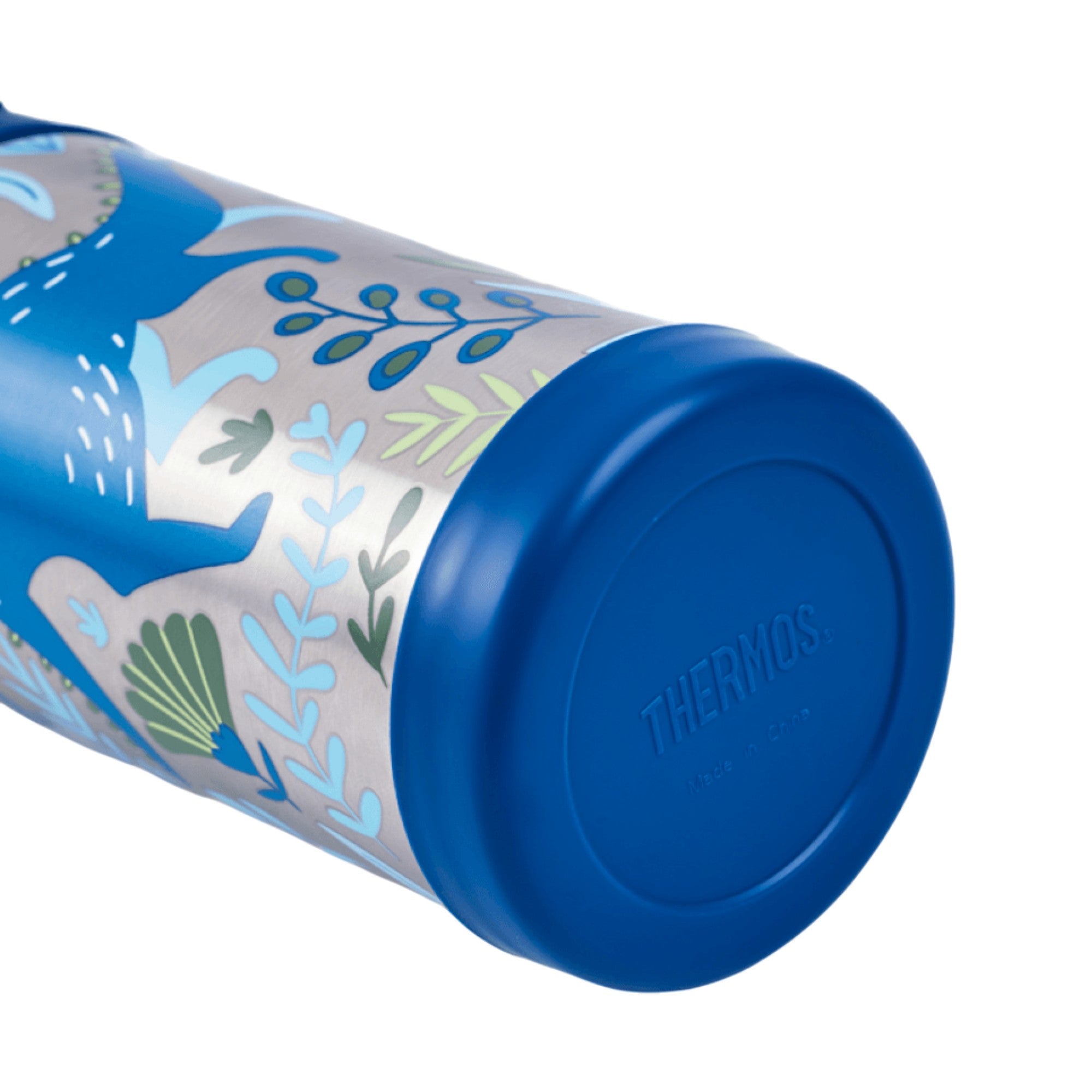 Garrafa Térmica Funtainer Thermos - 355ml com design colorido e tampa azul, ideal para manter bebidas geladas por até 12 horas.