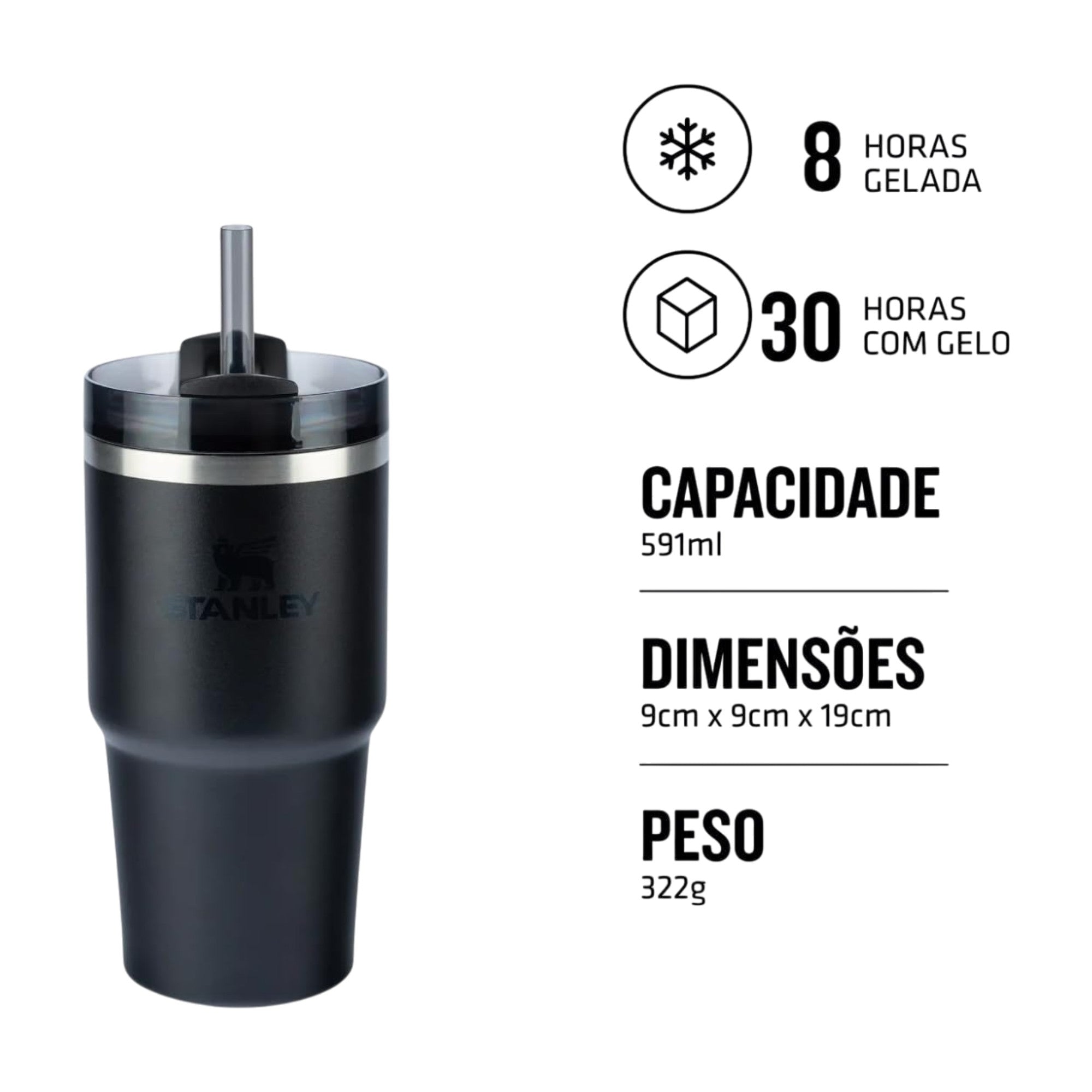 Copo Quencher com alça Stanley | 591ml preto com detalhes de capacidade, dimensões e peso, mantendo bebidas geladas por até 8 horas.