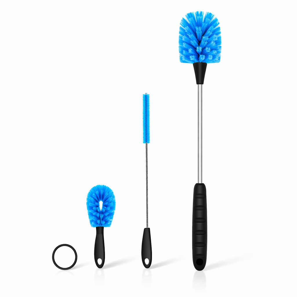 Kit de Escovas para Limpeza de Garrafas, Canudos e Tampas com três escovas diferentes para limpeza completa e eficiente.