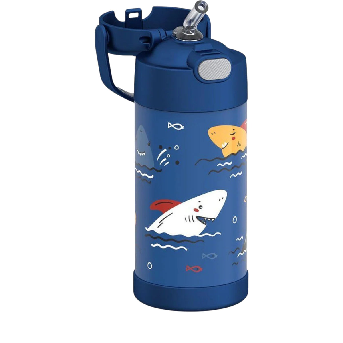 Garrafa Térmica Funtainer Thermos - 355ml azul com design de tubarões, isolamento a vácuo e canudo retrátil