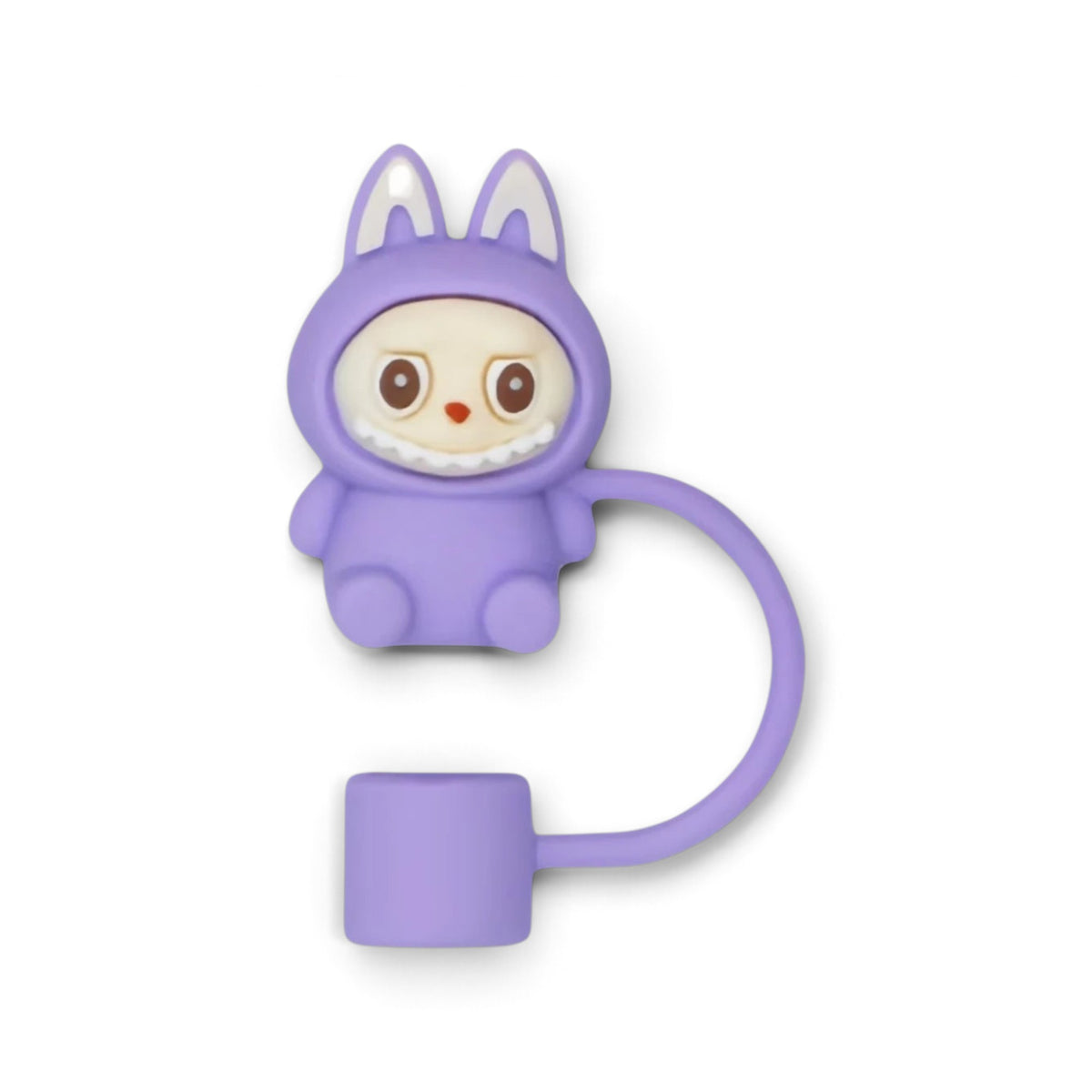 Protetor de Canudo Quencher - Labubu em silicone roxo com design divertido e tampa acoplada para higiene