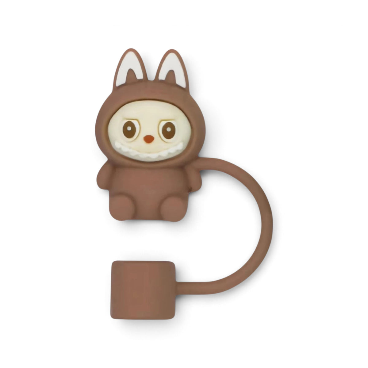 Protetor de Canudo Quencher - Labubu em silicone marrom, design divertido de personagem para higiene infantil.