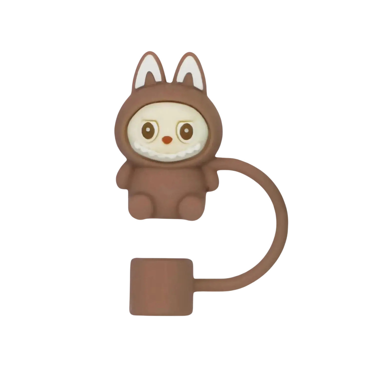 Protetor de Canudo Quencher - Labubu em silicone marrom com design infantil divertido e tampa acoplada para higiene.