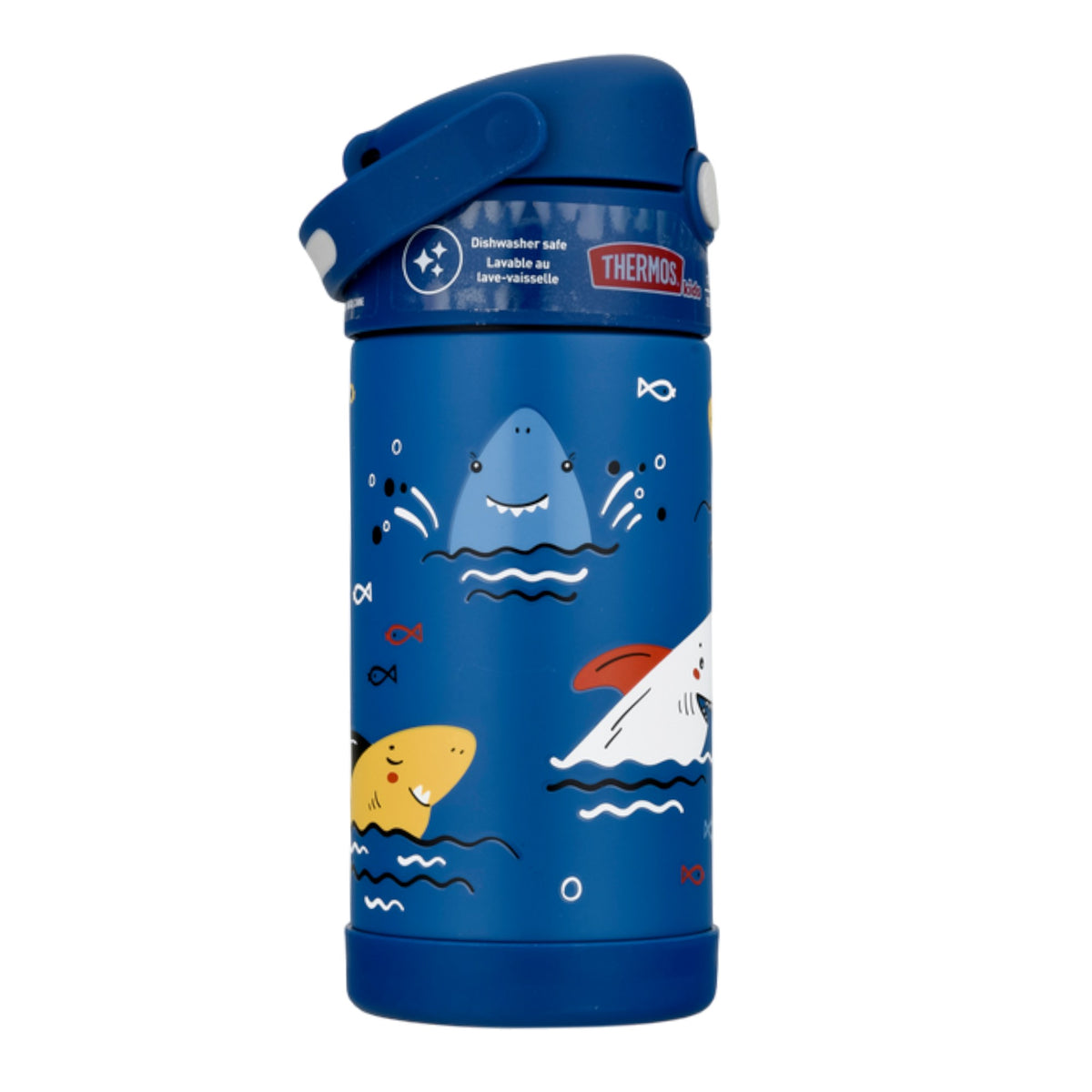 Garrafa Térmica Funtainer Thermos - 355ml azul com desenho de tubarões e peixes, ideal para manter bebidas geladas por até 12 horas.