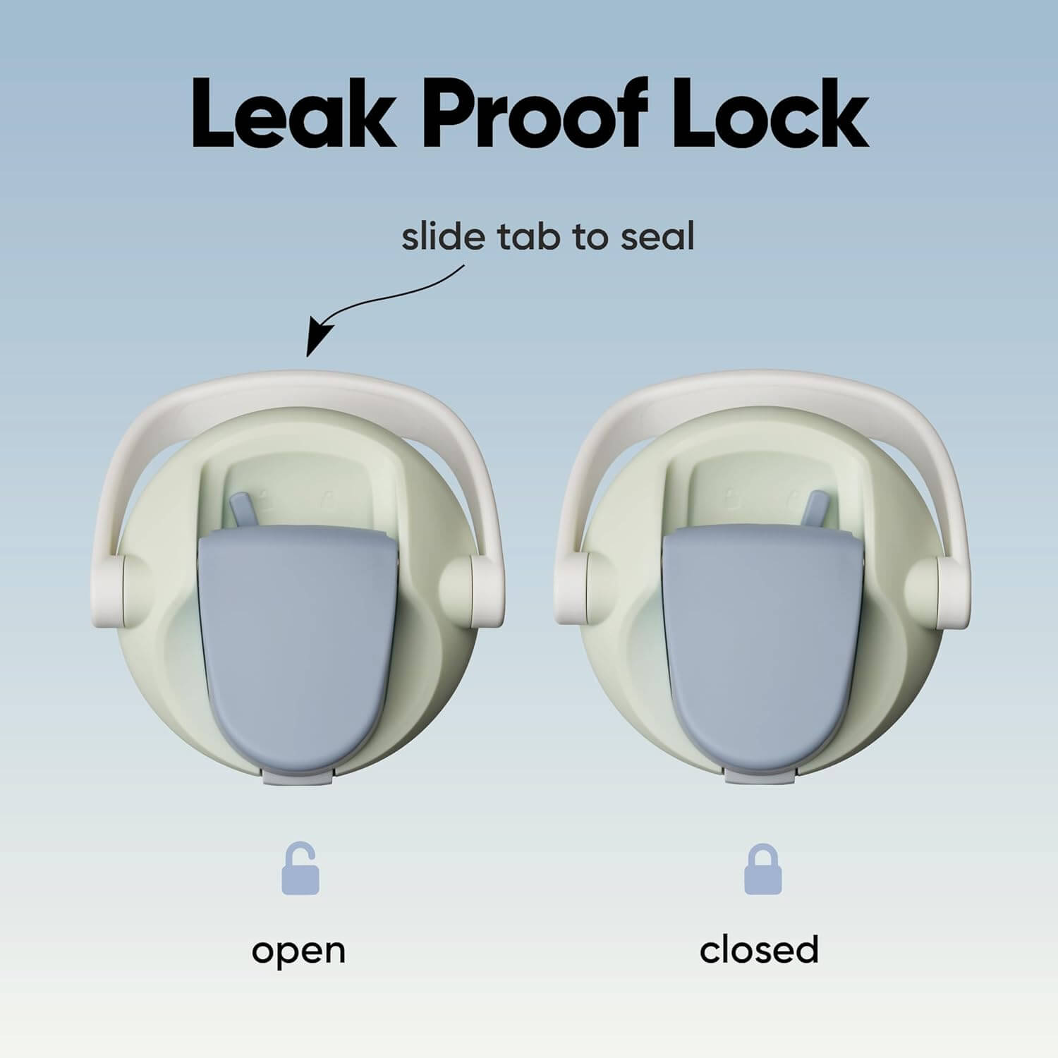 Tampa com trava antifuga da Garrafa Térmica Owala FreeSip Sway - 887ml, aberta e fechada, destacando o design ergonômico e a alça.