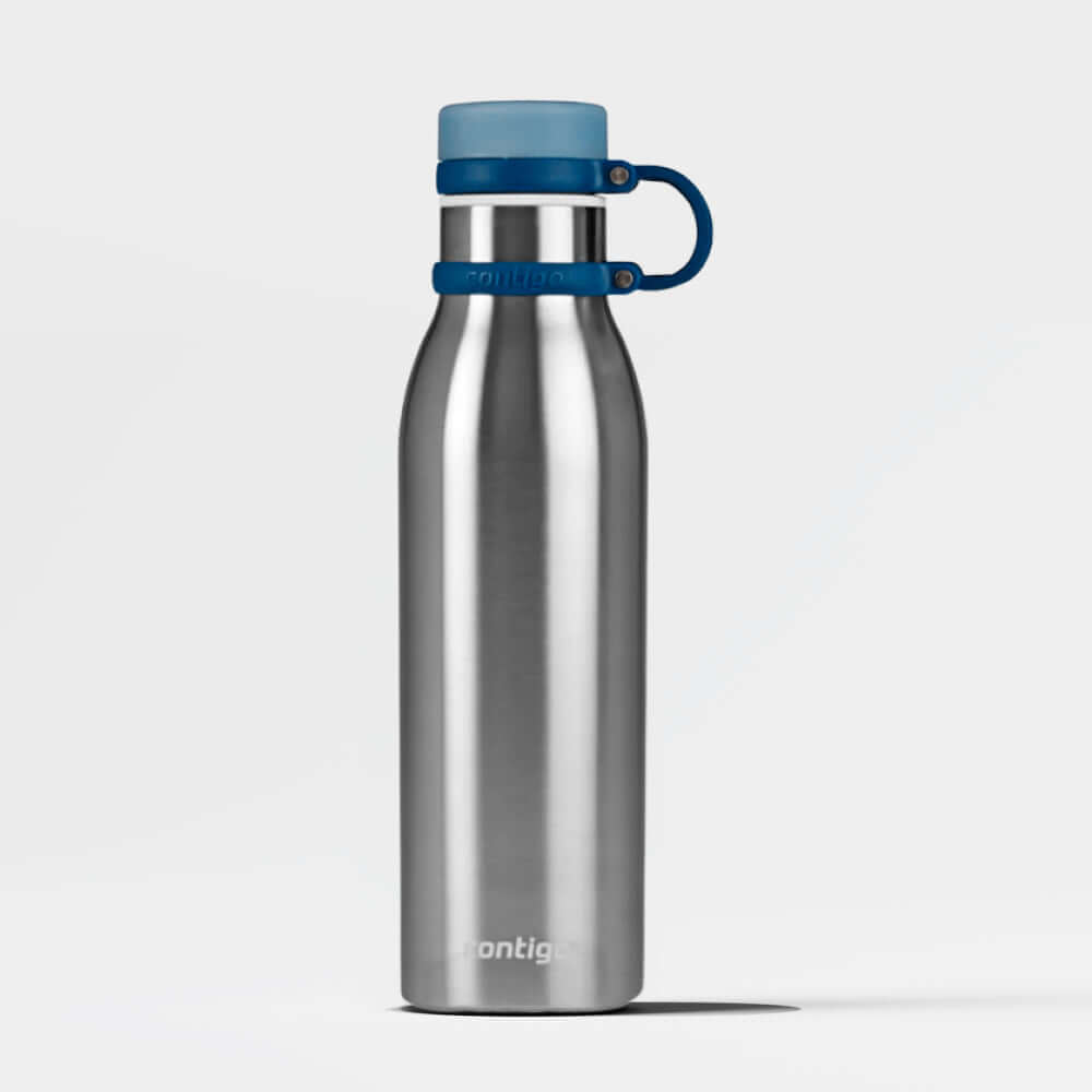 Garrafa Térmica Contigo Matterhorn THERMALOCK™ 591ml em aço inox com tampa azul, mantém bebidas quentes por 10h ou frias por 24h.