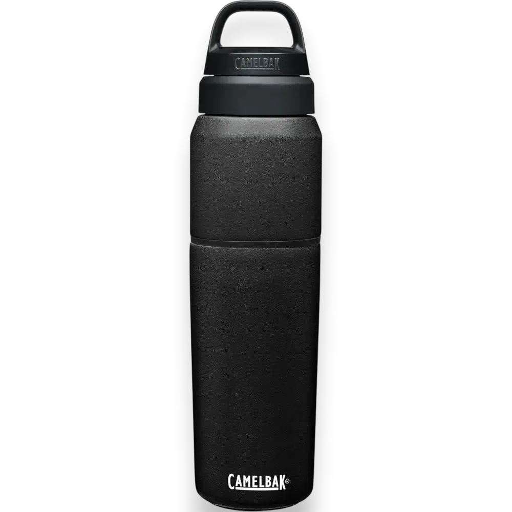 Garrafa Térmica Camelbak MultiBev 650ml em aço inoxidável preto com tampa removível ideal para bebidas em viagem.