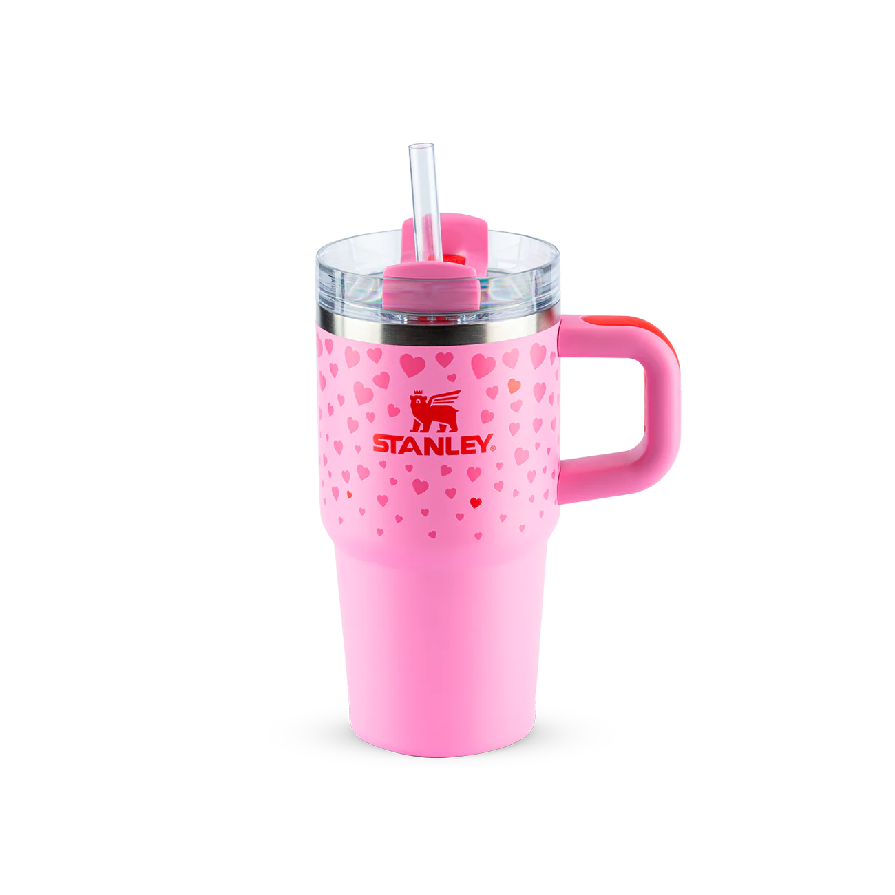Copo Quencher com alça Stanley | 591ml rosa com estampa de corações, alça ergonômica e canudo reutilizável para hidratação prática.