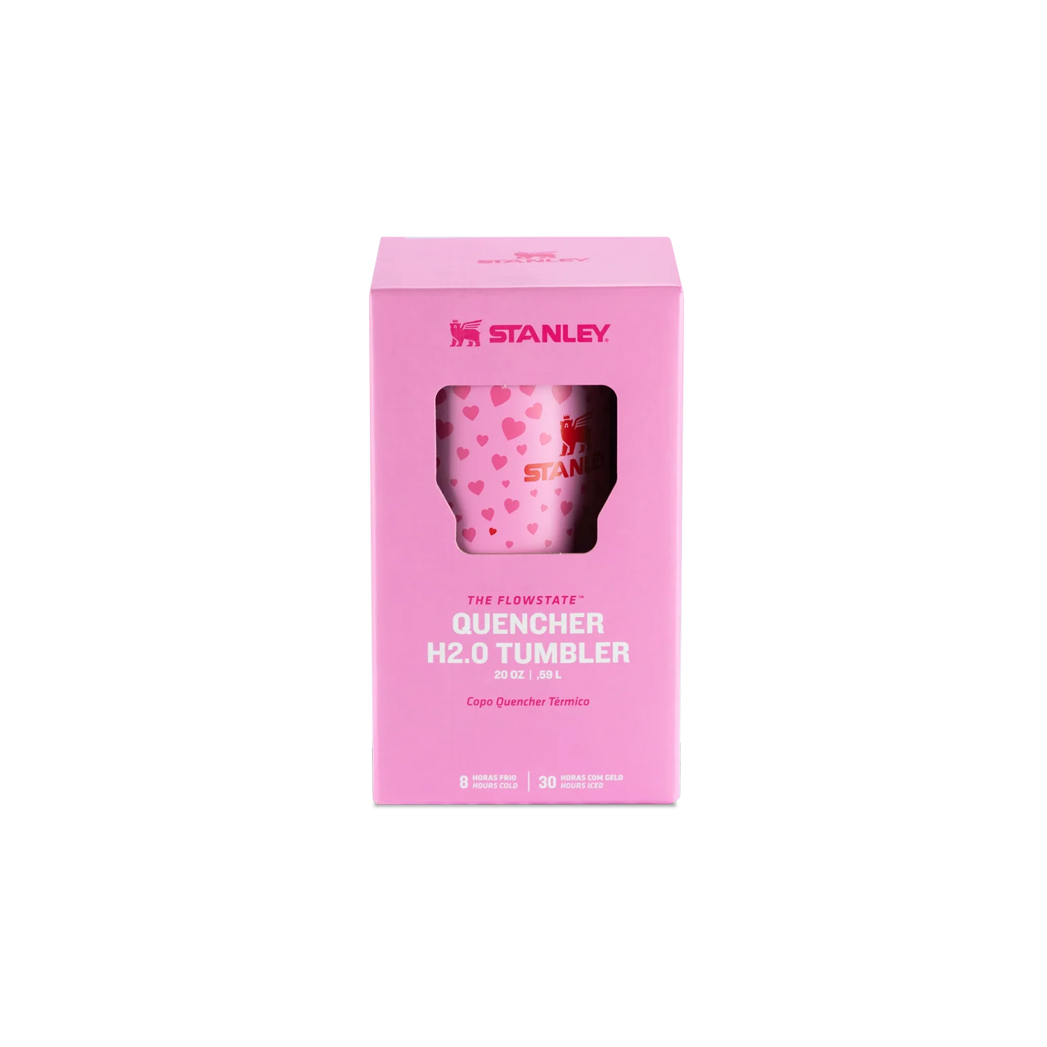 Embalagem do Copo Quencher com alça Stanley | 591ml na cor rosa, mostrando o design sofisticado e durabilidade.