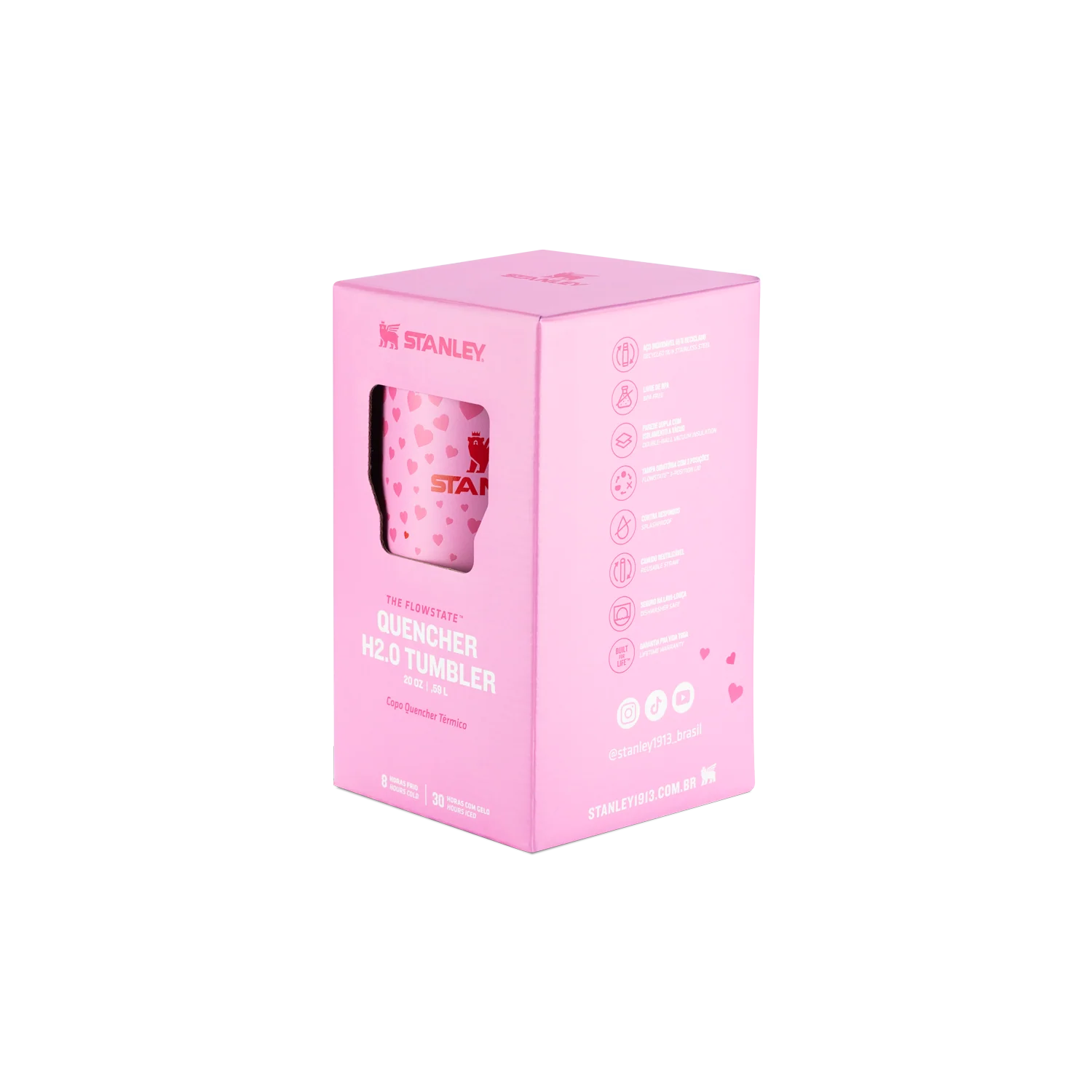 Copo Quencher com alça Stanley | 591ml em embalagem rosa, ideal para hidratação prática e estilo com isolamento a vácuo de parede dupla.