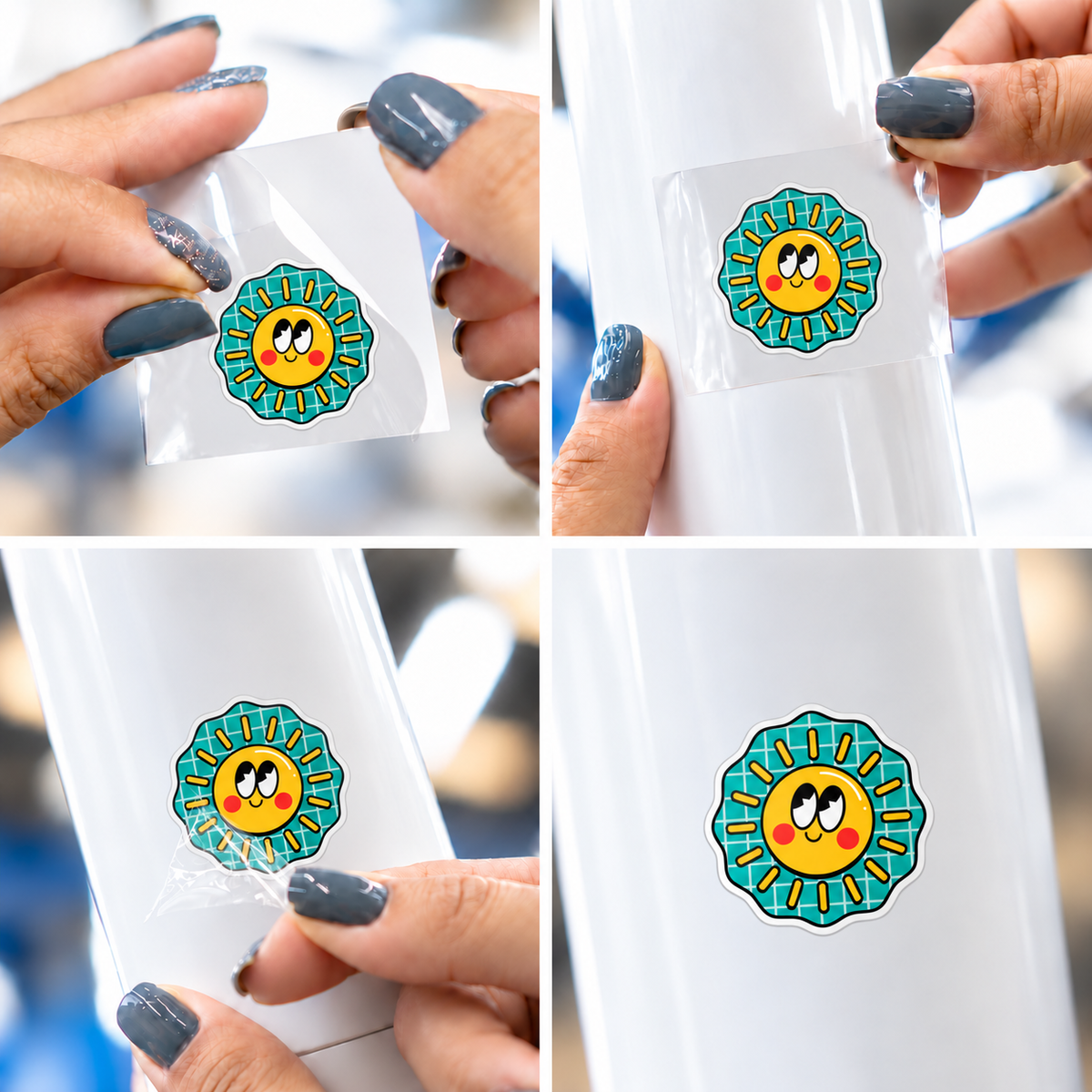 Sol Retrô — sticker UV DTF individual com verniz — passo a passo ilustrativo de aplicação