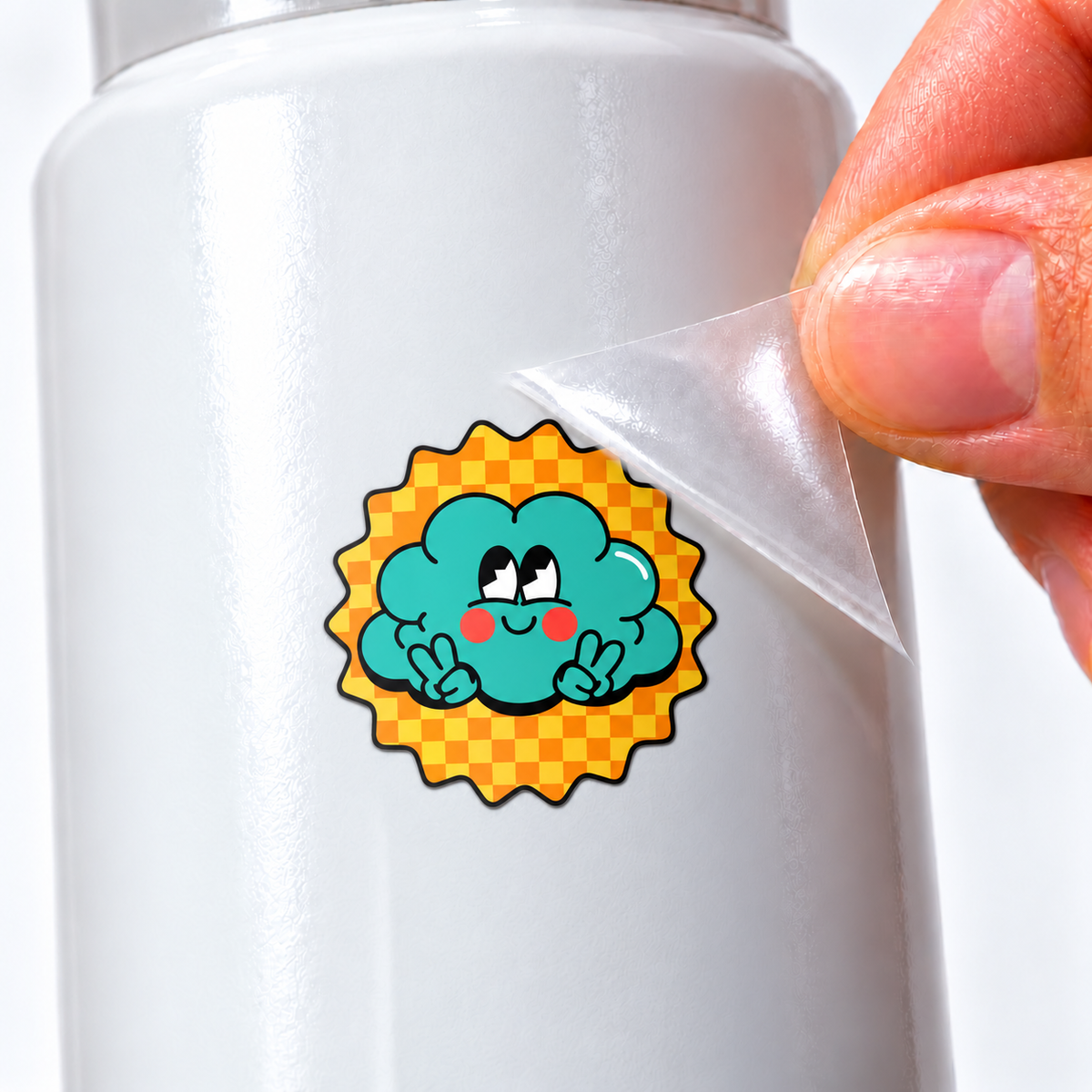 Flor Good Vibes — sticker UV DTF individual com verniz — detalhe de aplicação