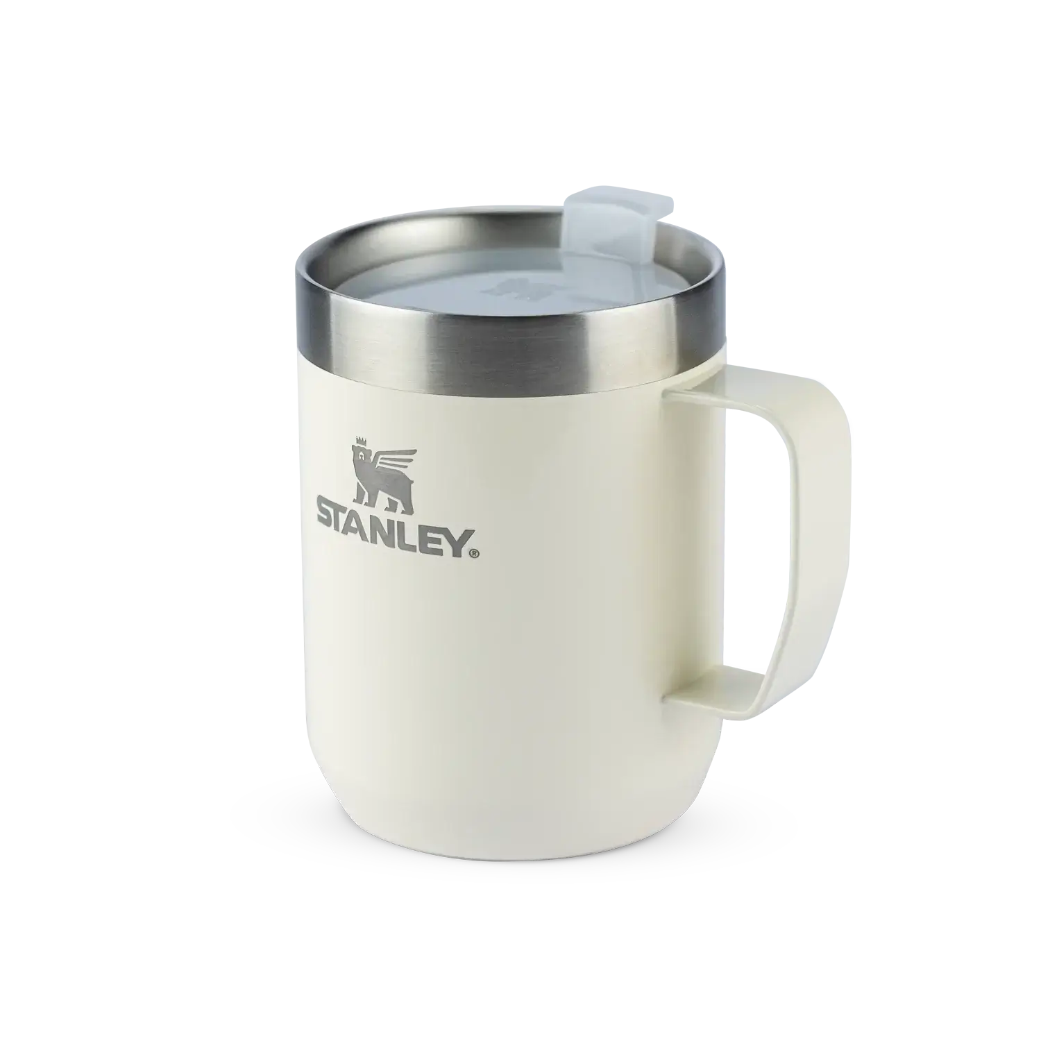 Caneca Camp Mug Stanley 236ml com isolamento a vácuo de parede dupla para bebidas quentes e frias, branca e prática para uso diário.