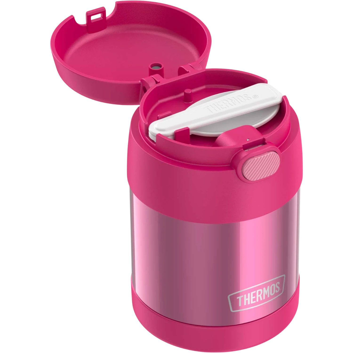 Pote Térmico Thermos ® 283g Funtainer rosa com colher embutida, ideal para manter refeições infantis na temperatura certa.