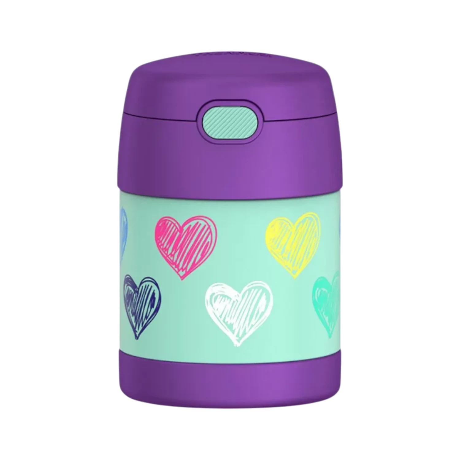 Pote Térmico Thermos ® 283g Funtainer infantil roxo com estampas de corações, isolamento avançado para manter alimentos quentes ou frios.