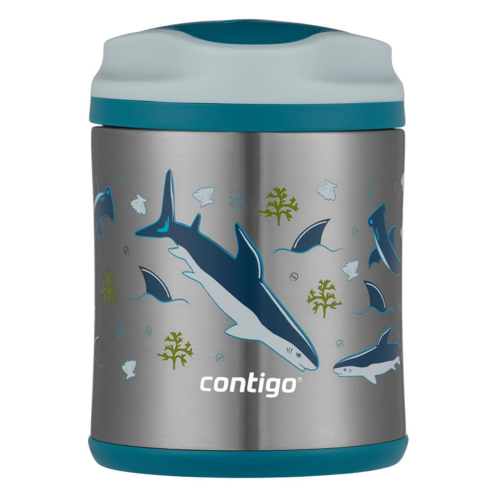 Pote Térmico Kids Contigo (284 ml) Inox Tubarão, vista frontal com tampa fechada