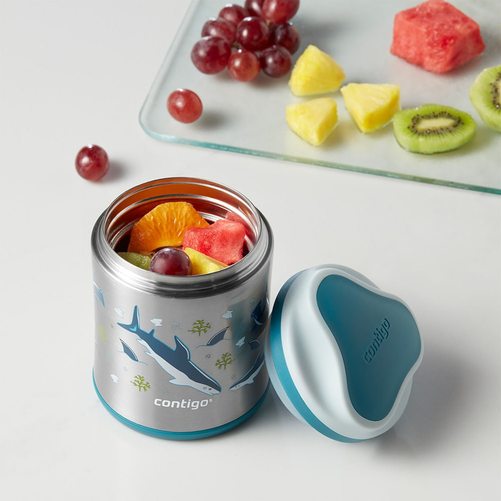 Pote Térmico Kids Contigo (284 ml) Inox Tubarão, com a tampa aberta