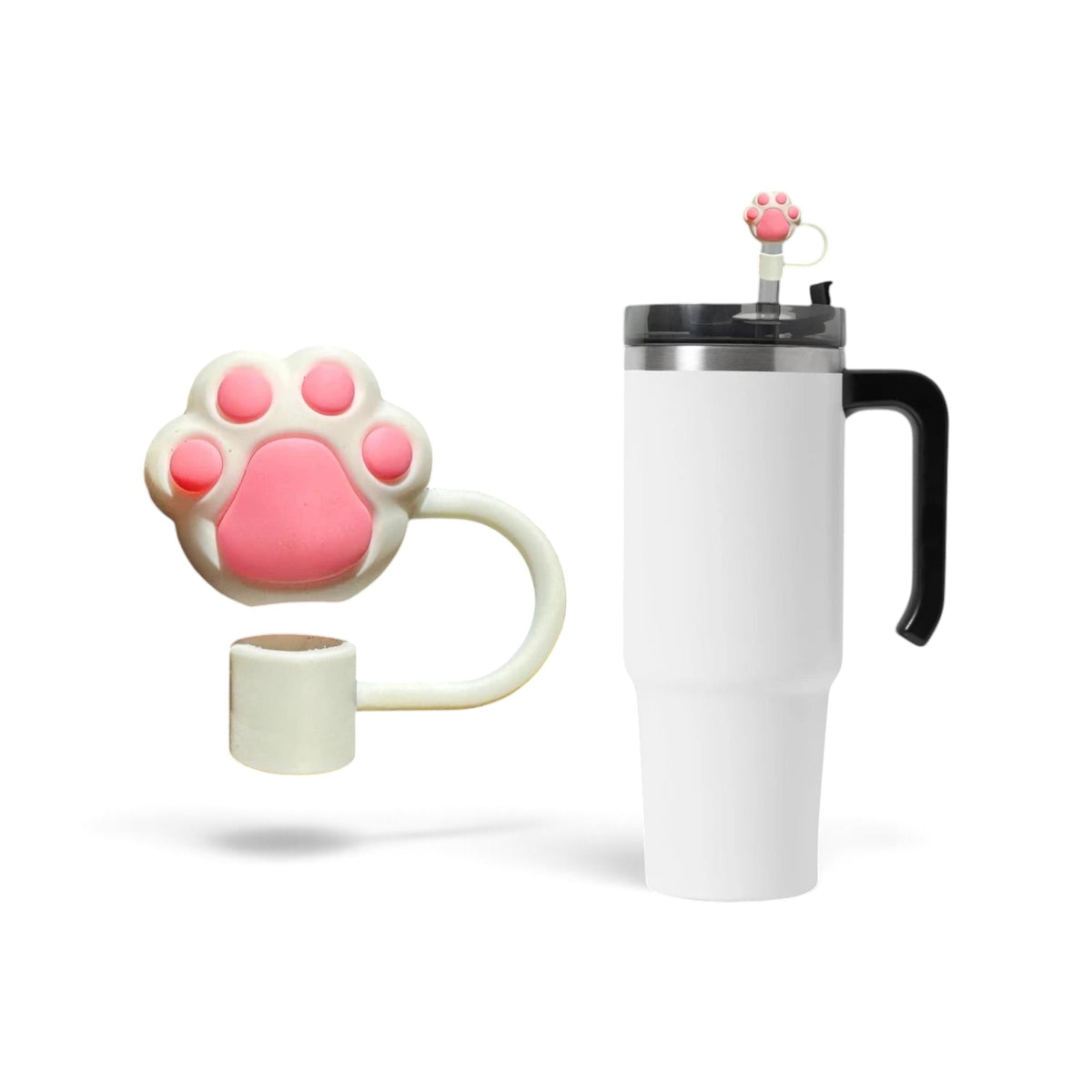Protetor de Canudo Quencher - Variados com design de pata rosa, feito de silicone atóxico e flexível, em um copo de viagem.