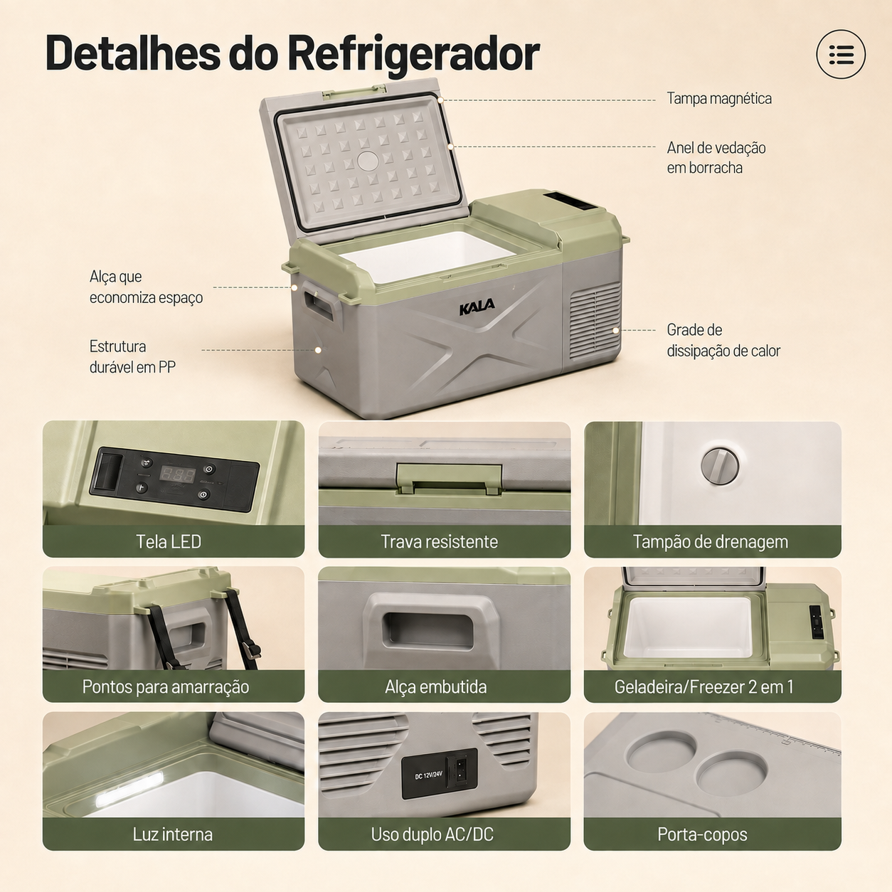Refrigerador portátil KALA X25 de 25 litros na cor verde