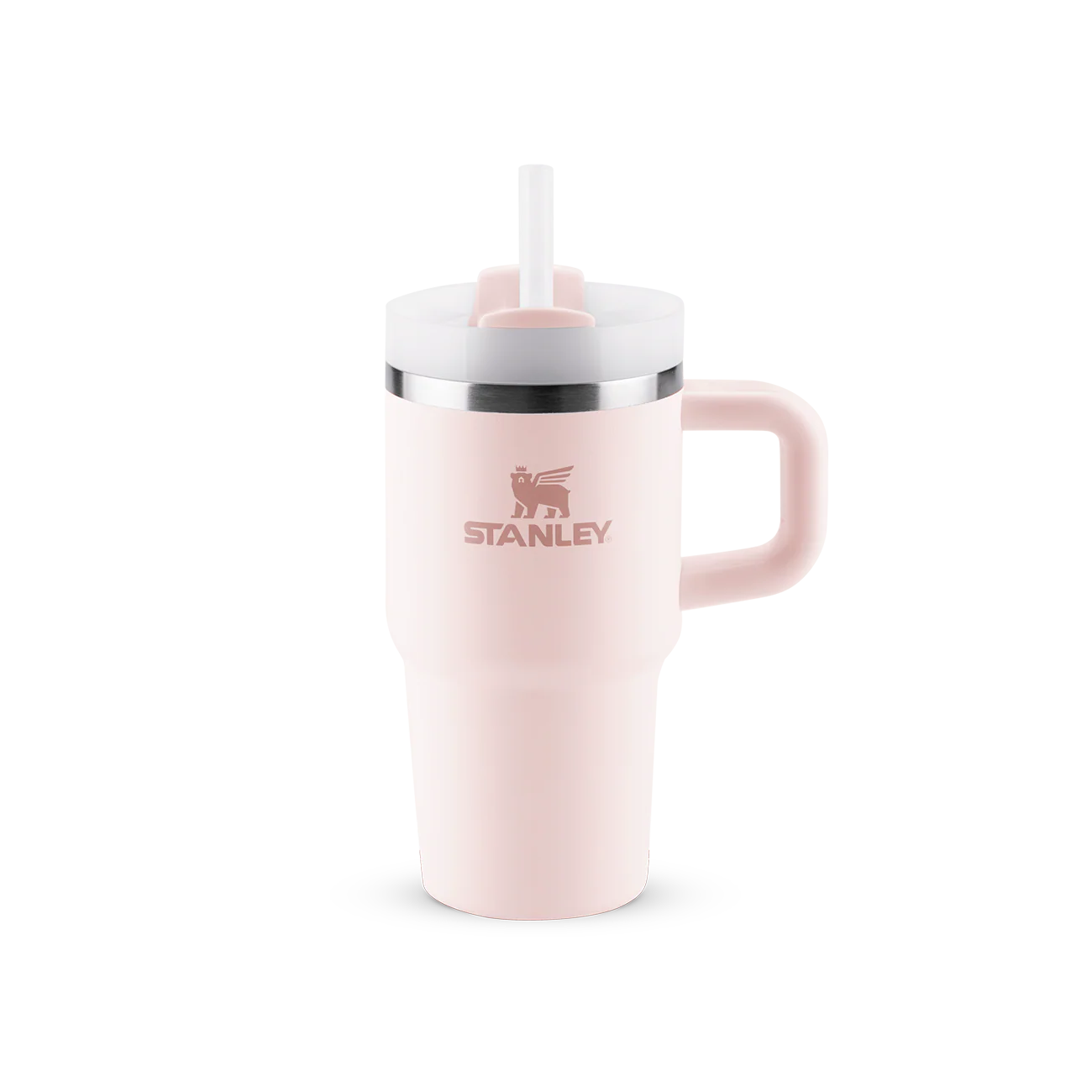 Copo Quencher com alça Stanley | 591ml rosa, design sofisticado, com alça ergonômica e canudo reutilizável, isolamento térmico eficiente.