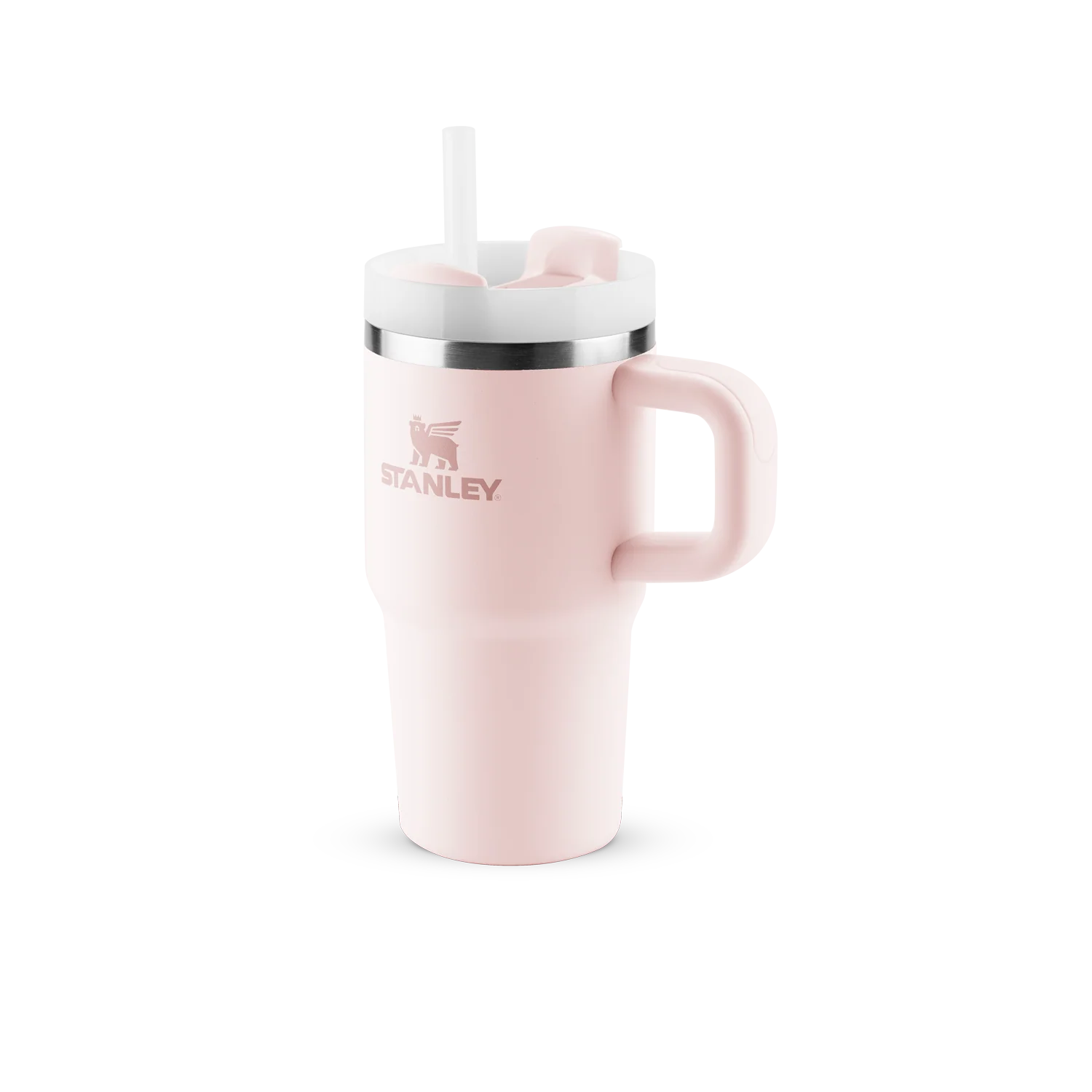 Copo Quencher com alça Stanley | 591ml em rosa, com alça ergonômica e canudo, isolamento a vácuo para bebidas geladas.