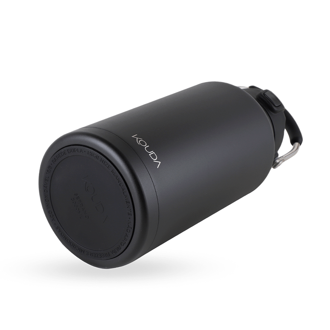 Garrafa Térmica Kouda Serrano – 3L preta com estrutura em aço inox, ideal para manter bebidas quentes por 10h e frias por 20h.