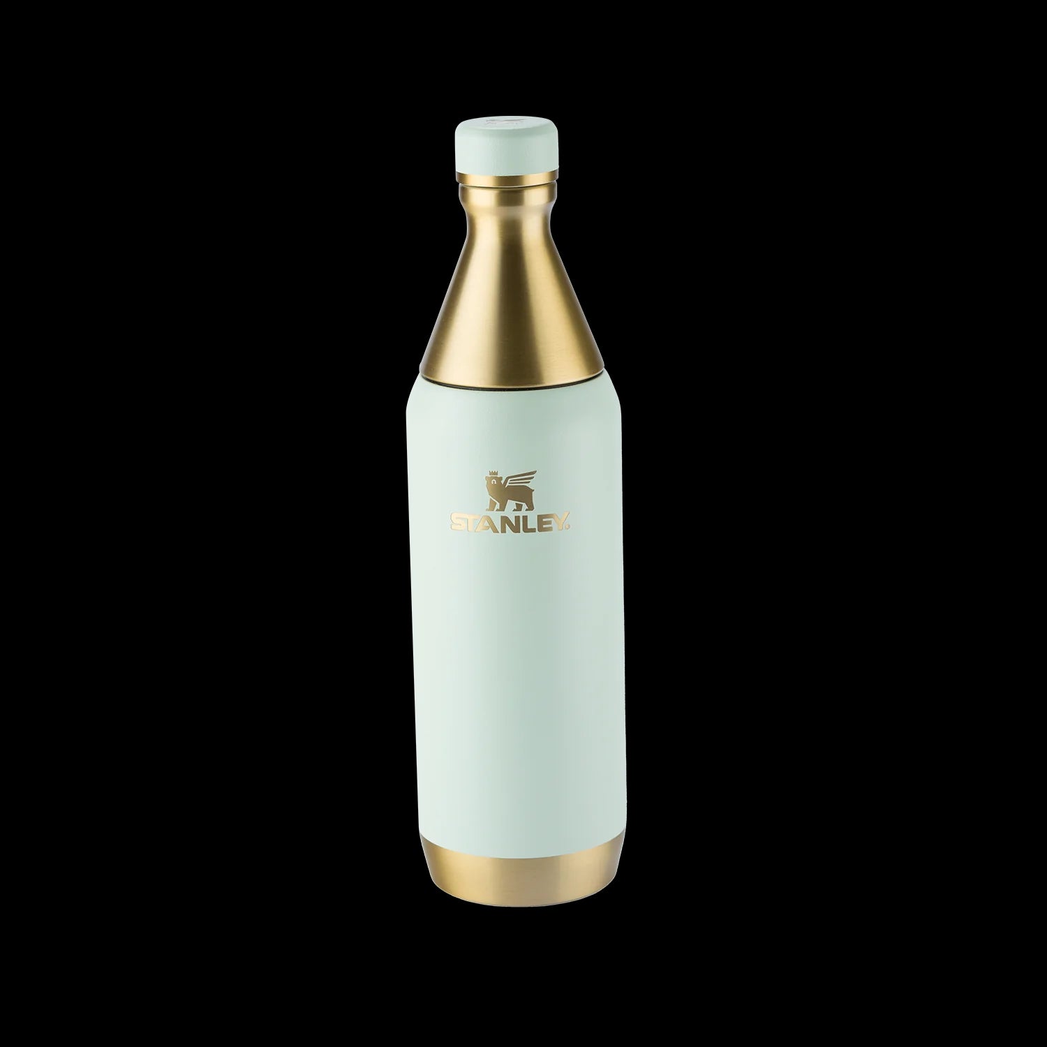 Garrafa Térmica Slim Bottle Stanley | 591ml com design ultracompacto e desempenho térmico avançado, cor dourada e branca.
