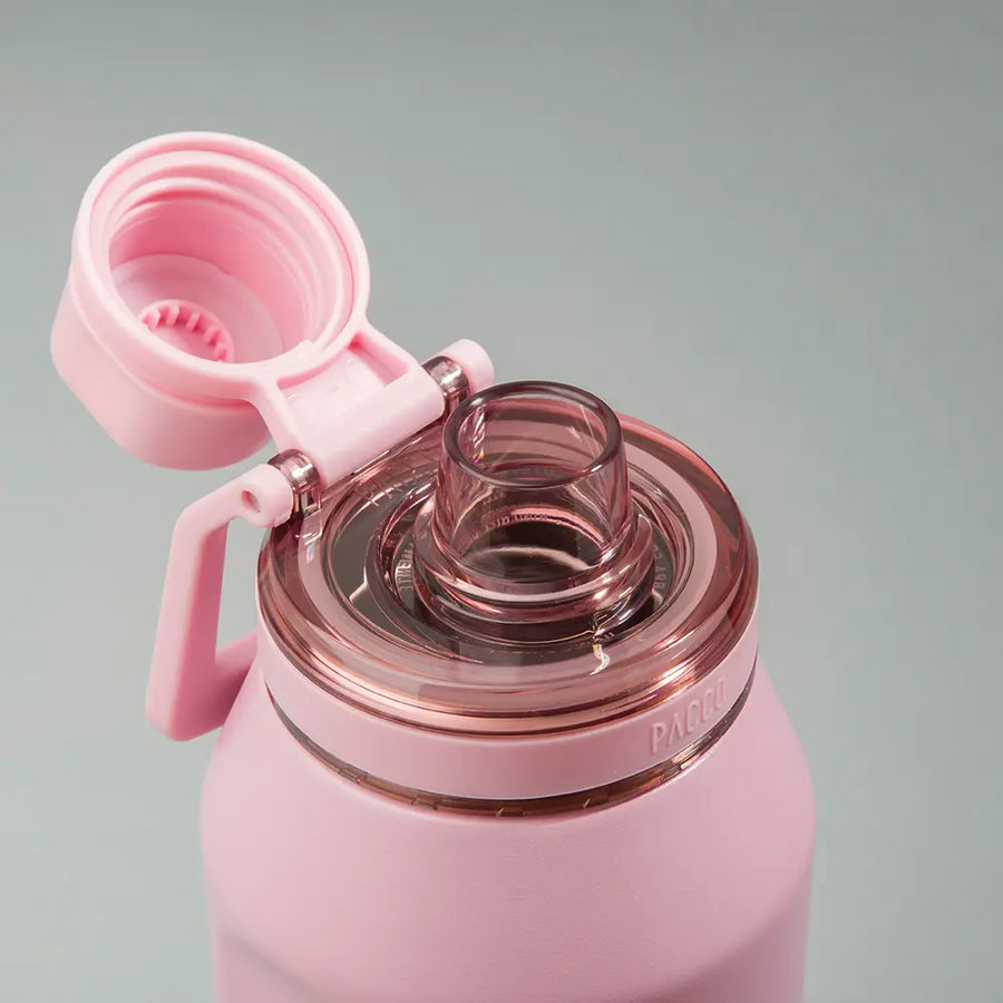 Garrafa Tampa PACCO Flow rosa com design funcional para bebidas quentes ou frias, resistente a manchas e odores, fácil de higienizar.