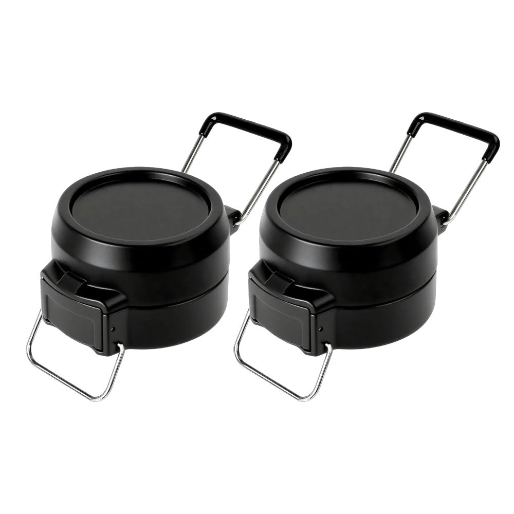 Dois recipientes térmicos pretos com alças dobráveis para transporte fácil, ideais para manter comida quente frascos de viagem.