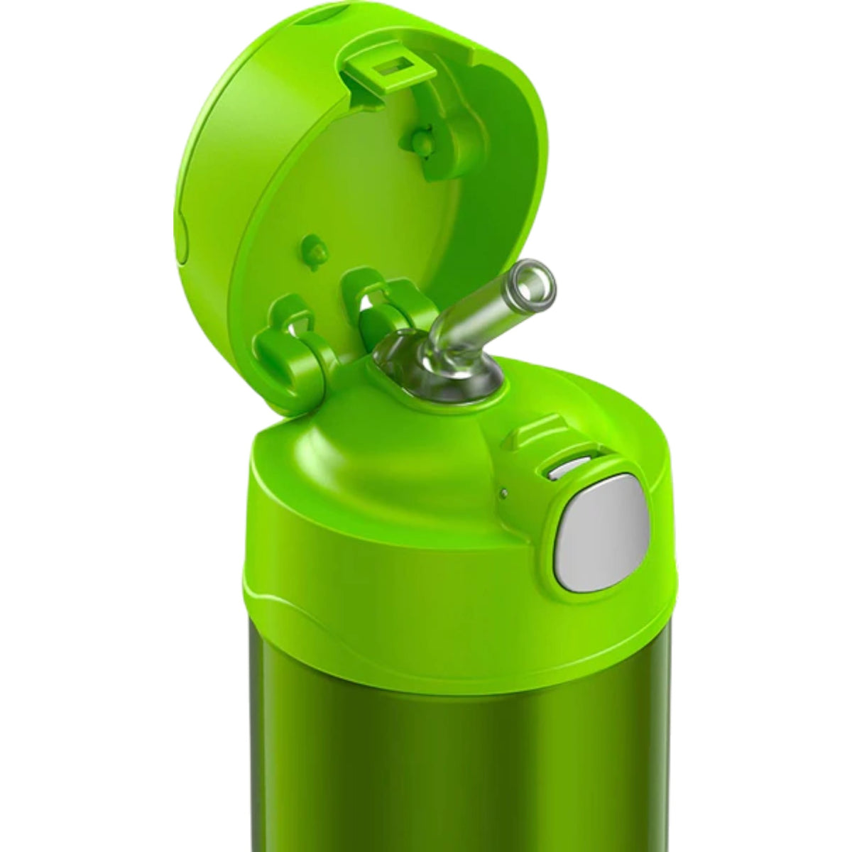 Close-up da Garrafa Térmica Funtainer Thermos - 355ml verde com canudo retrátil e tampa aberta