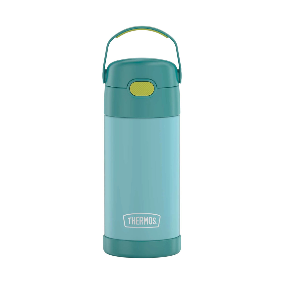 Garrafa Térmica Funtainer Thermos - 355ml na cor azul, ideal para manter bebidas geladas por até 12 horas, com alça e canudo retrátil.