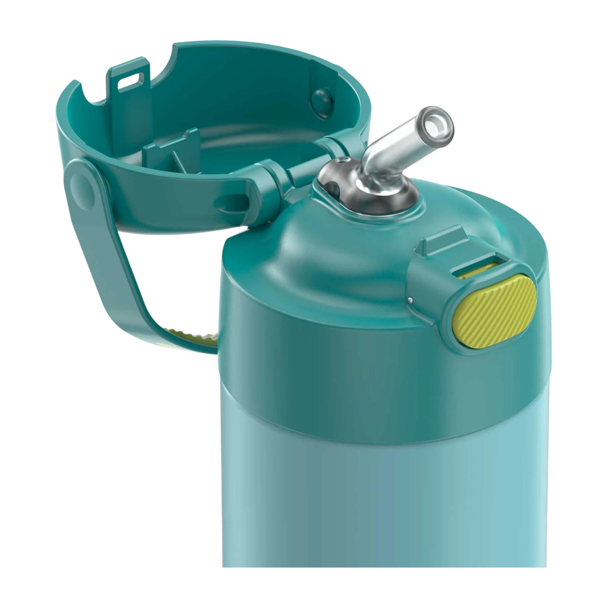 Tampa e canudo retrátil da Garrafa Térmica Funtainer Thermos - 355ml em aço inoxidável, detalhe do botão de abertura e alça dobrável.