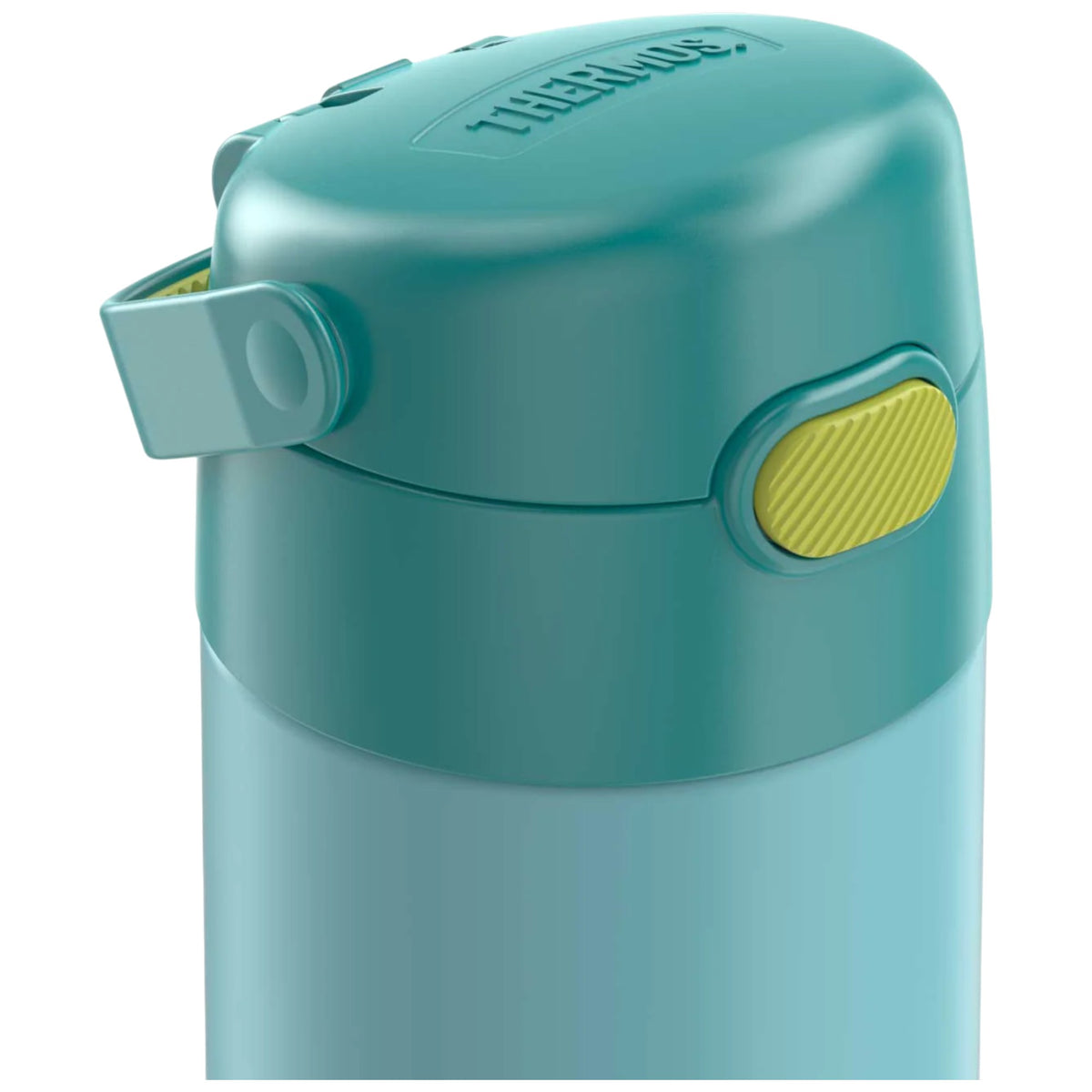 Close-up da tampa da Garrafa Térmica Funtainer Thermos - 355ml com canudo retrátil e botão de abertura.