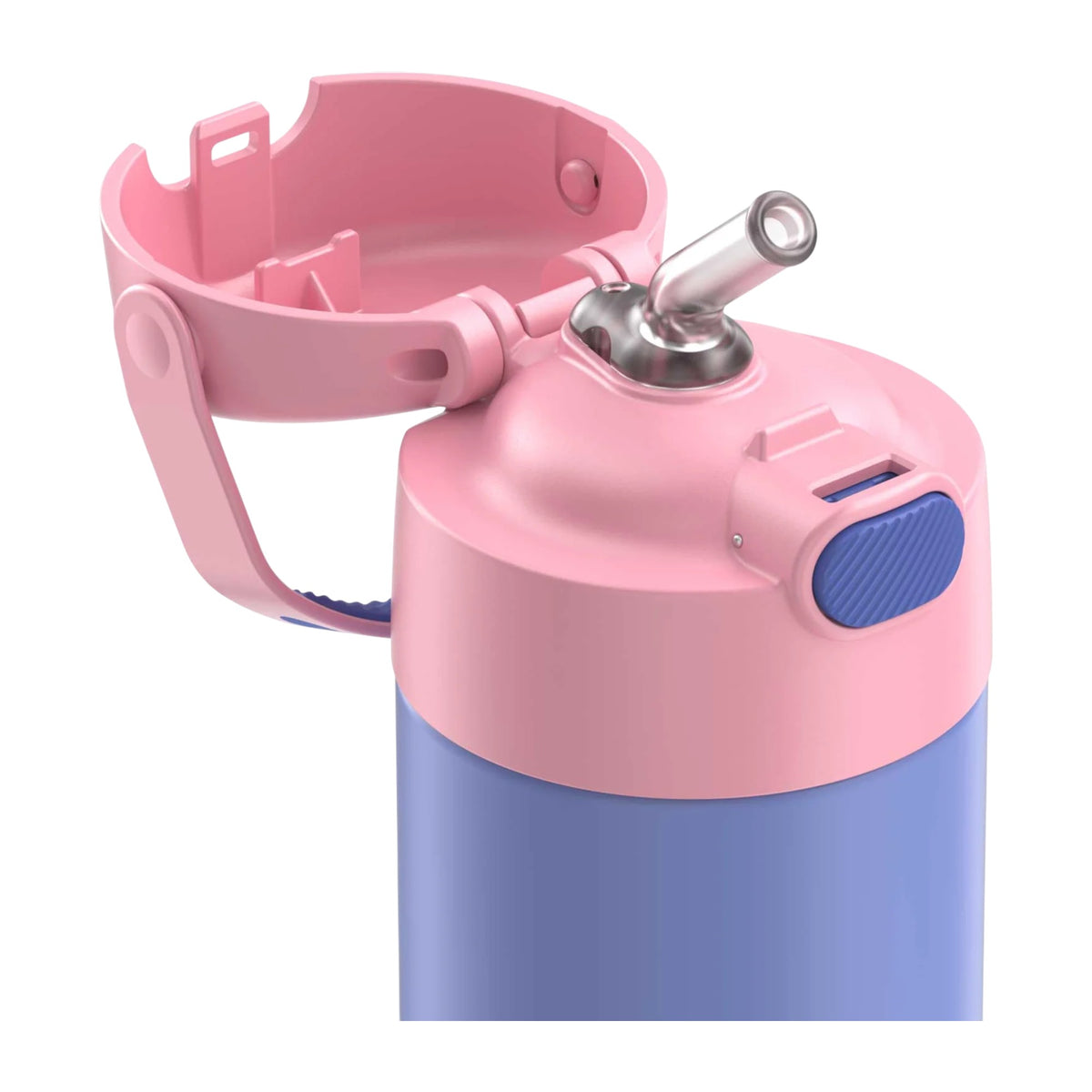 Garrafa Térmica Funtainer Thermos - 355ml com canudo retrátil e alça dobrável em rosa e azul, ideal para bebidas geladas por até 12h.