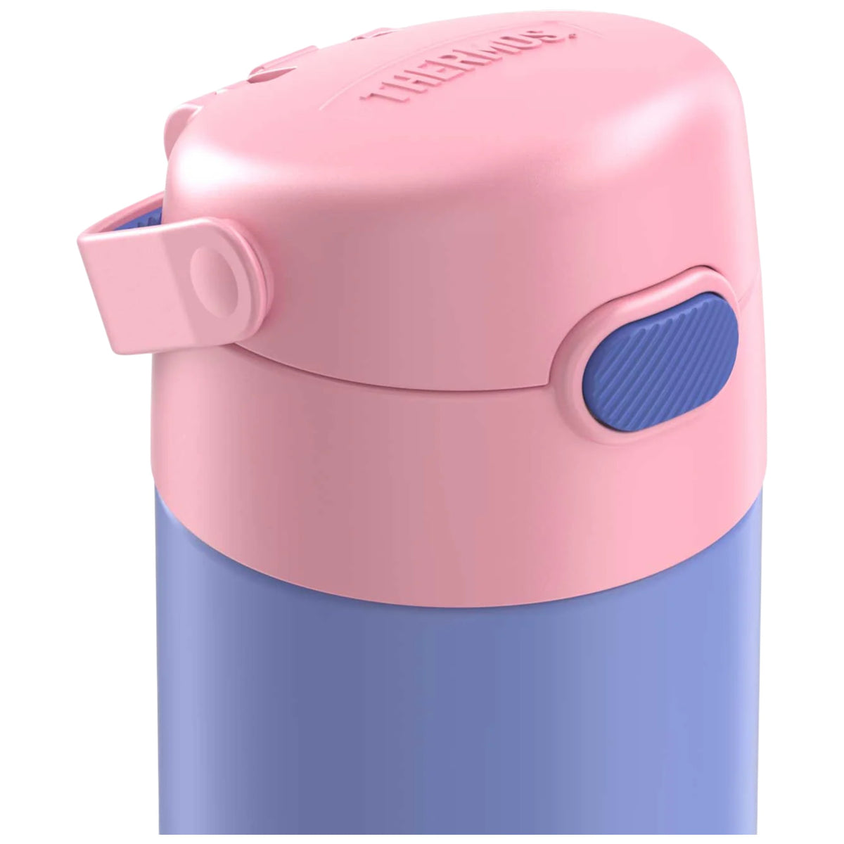 Garrafa Térmica Funtainer Thermos - 355ml com tampa rosa e corpo azul, isolamento a vácuo para manter bebidas geladas por 12 horas.