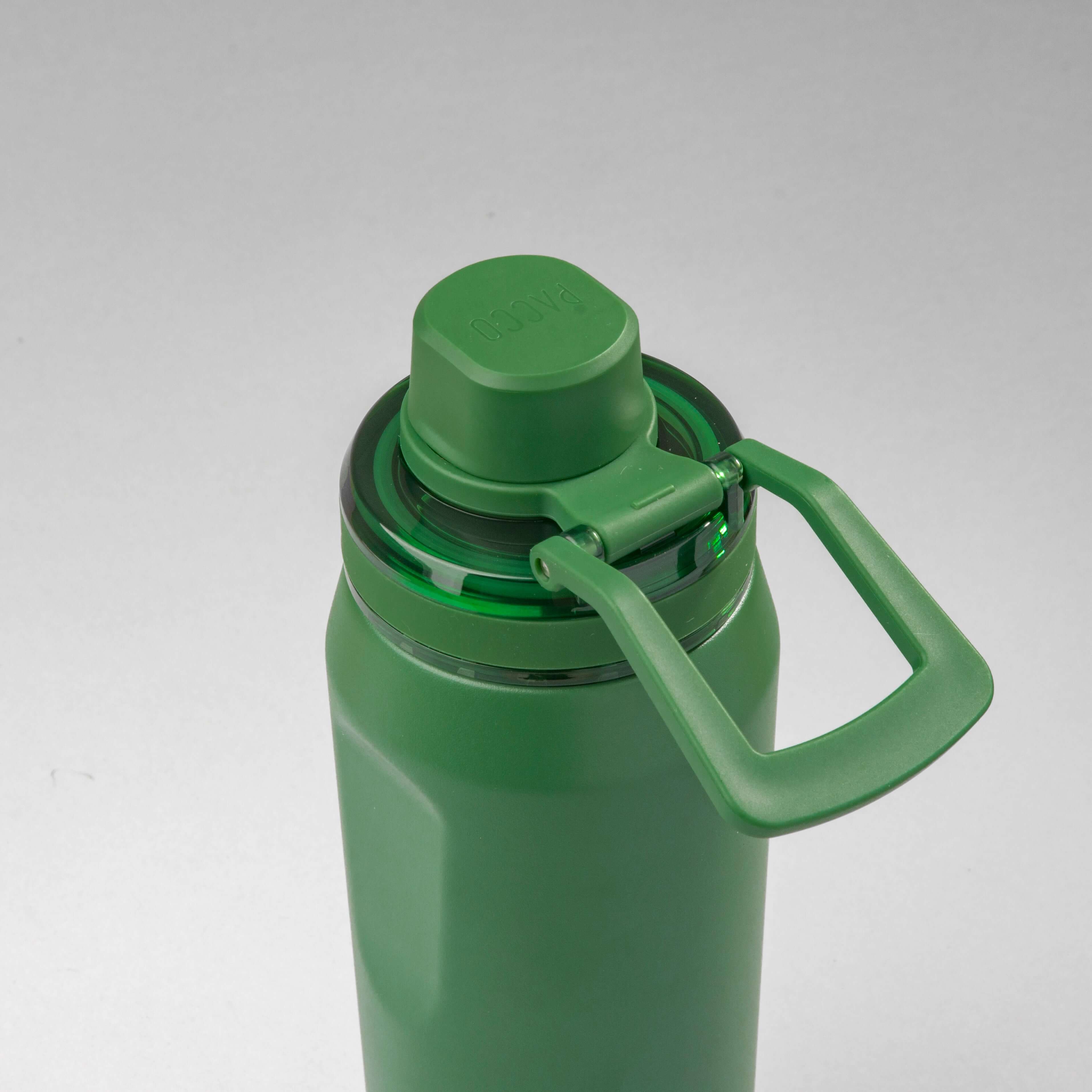 Garrafa Térmica PACCO Vyta 500ml verde com tampa hermética e alça, isolamento térmico eficiente, ideal para conservar bebidas quentes ou frias.