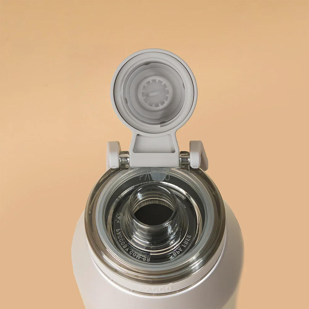 Garrafa Térmica PACCO Vyta 650ml Porcelana de Coalas OURO BRANCO, com a tampa aberta, de frente