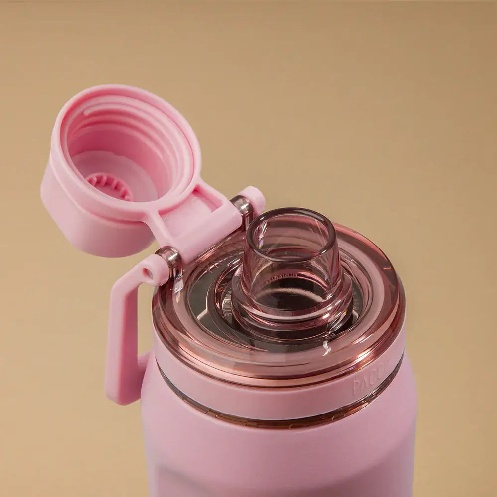 Garrafa Térmica PACCO Vyta 650ml Lavanda Botânica Sweet Rose, com a tampa aberta