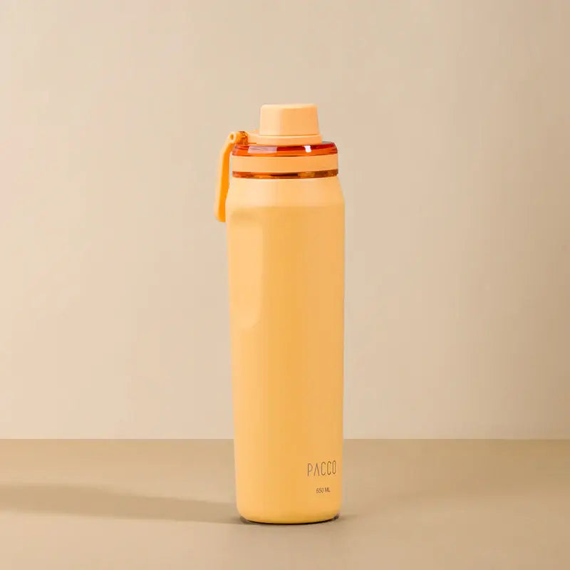 Garrafa Térmica PACCO Vyta 650ml com design elegante, alto desempenho térmico e base antiderrapante, feita em aço inox de qualidade.