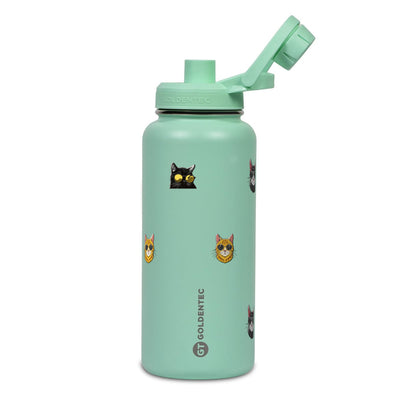 Garrafa Térmica Goldentec 1000ml Gatos de Óculos Verde Menta