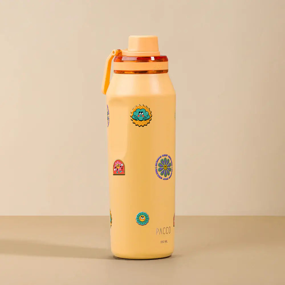 Garrafa Térmica PACCO Vyta 950ml Retrô Good Vibes Yellow Crush, foto de estúdio