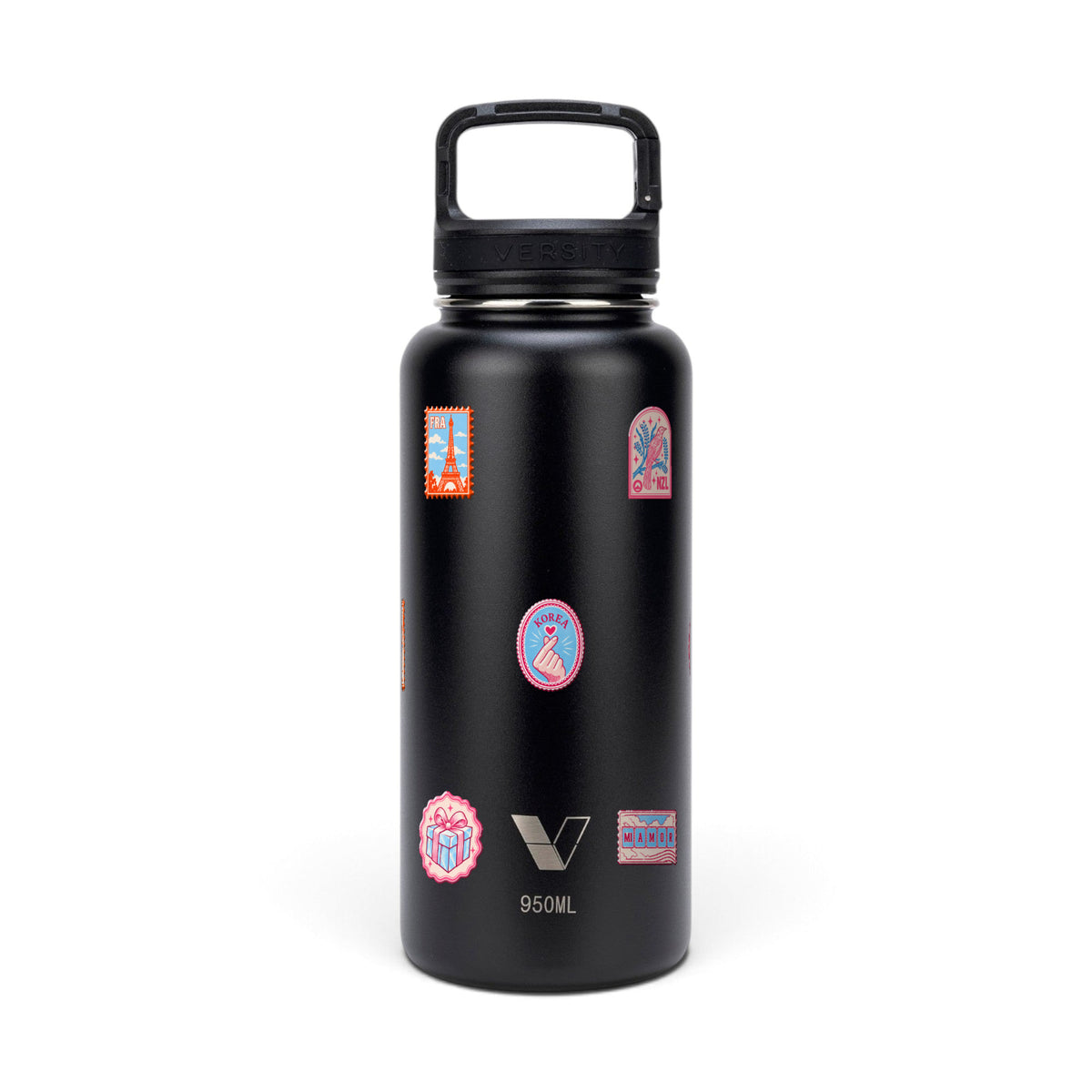 Garrafa Térmica Versity ColdKeeper 950ml Selos de Viagem Preta, frente